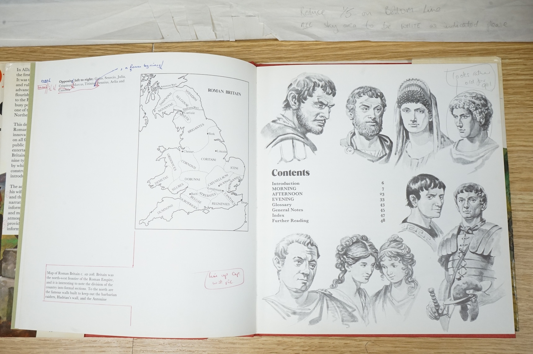 Peter Jackson (1922-2003), Illustrations from 'One day in Roman Britain' to include Portrait studies, Roman wall and Roman Baths, six watercolours, largest 34 x 71cm, unframed, together with two copies of the original bo